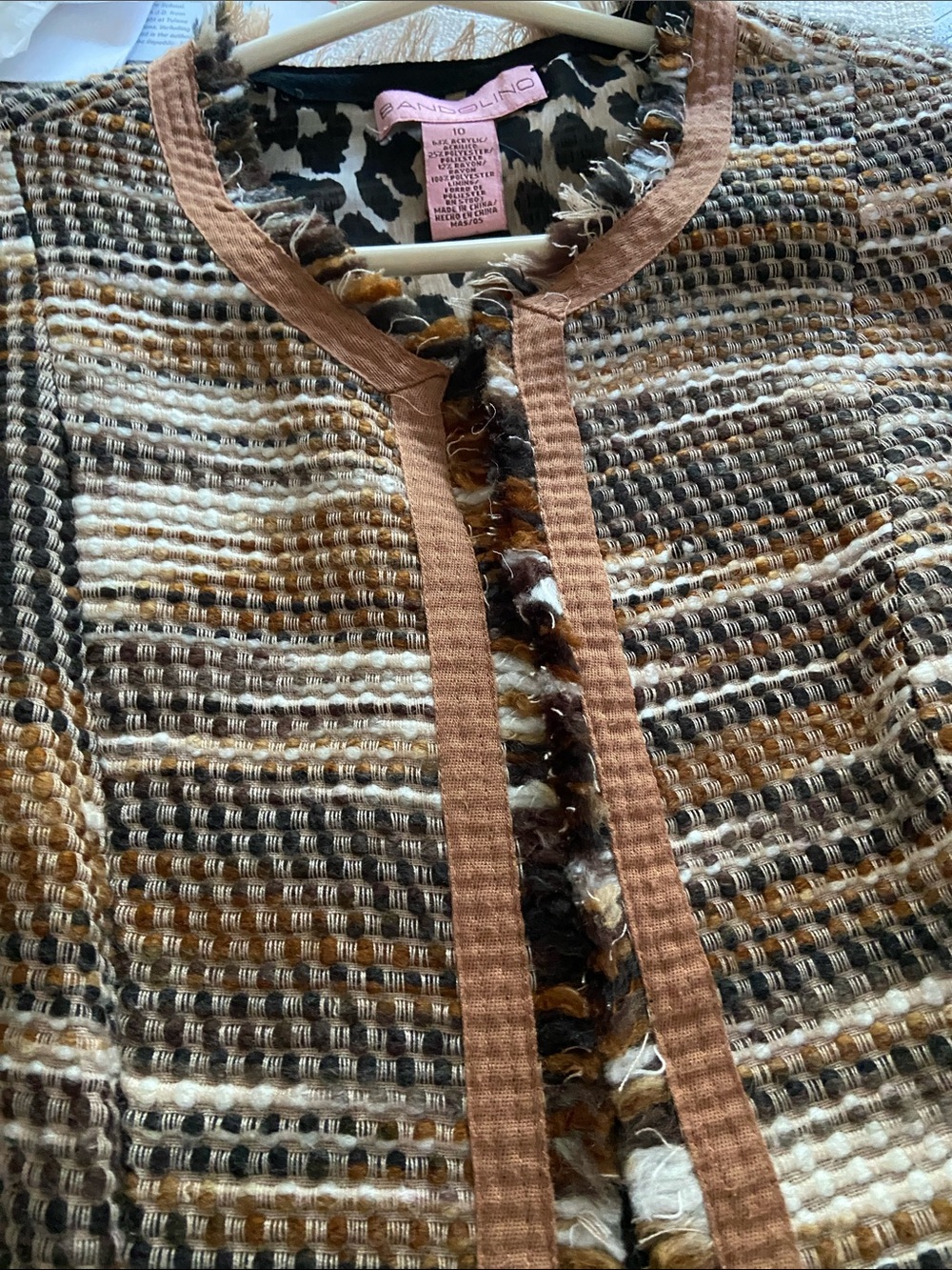 Bandolino Brown, Cream & Black Tweed Fringe-Trimmed Collarless Jacket